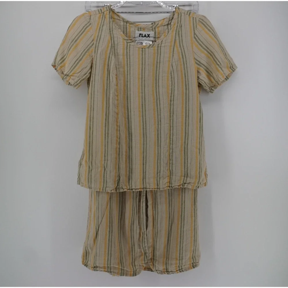 Flax Linen 2 Piece Set Yellow Green Striped Top and Midi Skirt Petite